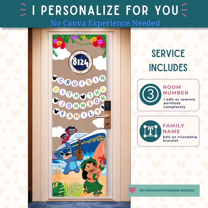 Puede incluir: Decoraci&oacute;n de puerta personalizada con tem&aacute;tica de crucero, con el texto "Cruisin' with the Johnson Family". El dise&ntilde;o incluye un barco, los personajes Stitch y Lilo, y el n&uacute;mero 8124. El texto "I Personalize for You" est&aacute; en la parte superior.