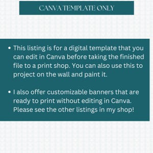 A teal banner with the text "CANVA TEMPLATE ONLY" at the top. Below, bullet points describe a digital template for editing in Canva and customizable banners ready to print.