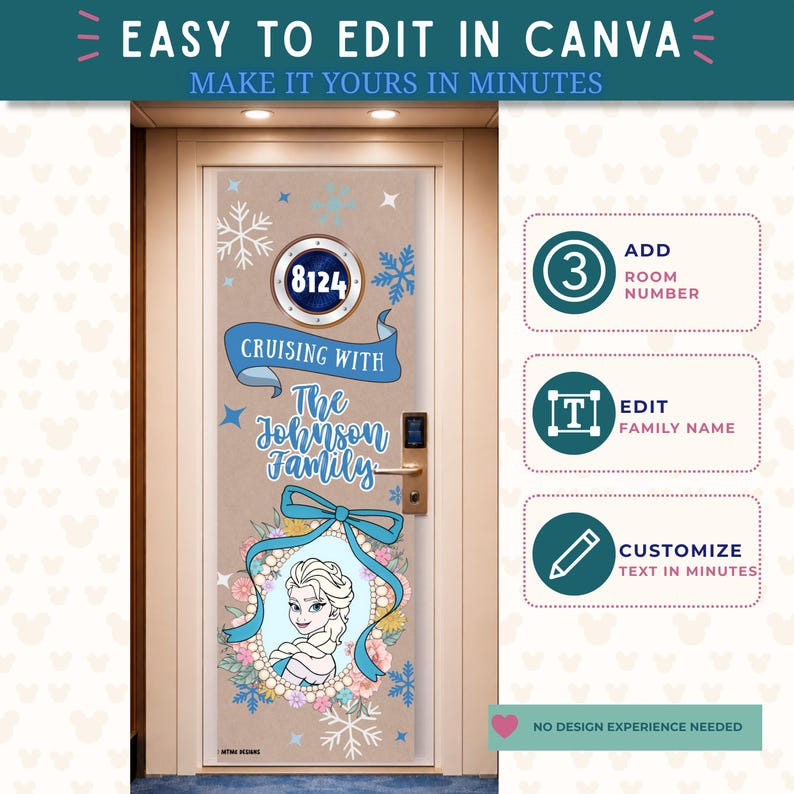 May include: A door decoration featuring the text "Cruising With The Johnson Family" and the room number "8124". The design includes a portrait of a cartoon character, snowflakes, and a blue ribbon. The text "Easy to edit in Canva" is at the top.