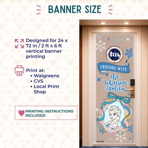 May include: A door banner design with the text "BANNER SIZE" at the top. The banner is designed for 24 x 72 inches vertical printing. The design includes the text "CRUISING WITH The Johnson Family" and a portrait of a character.