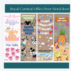 May include: Door decorations with various themes. One features a bachelorette party with text "Pristie's Bachelorette Week!" and "Happily Ever After". Another says "Happy Nurses Week" with Disney characters. A third has names and a cruise ship.