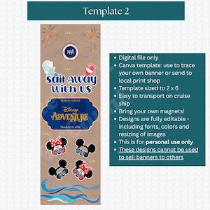 Teal header on white background with white text. Template 2 shows the picture of cartoon characters with the words Sail Away with Us celebrating an inaugural cruise season