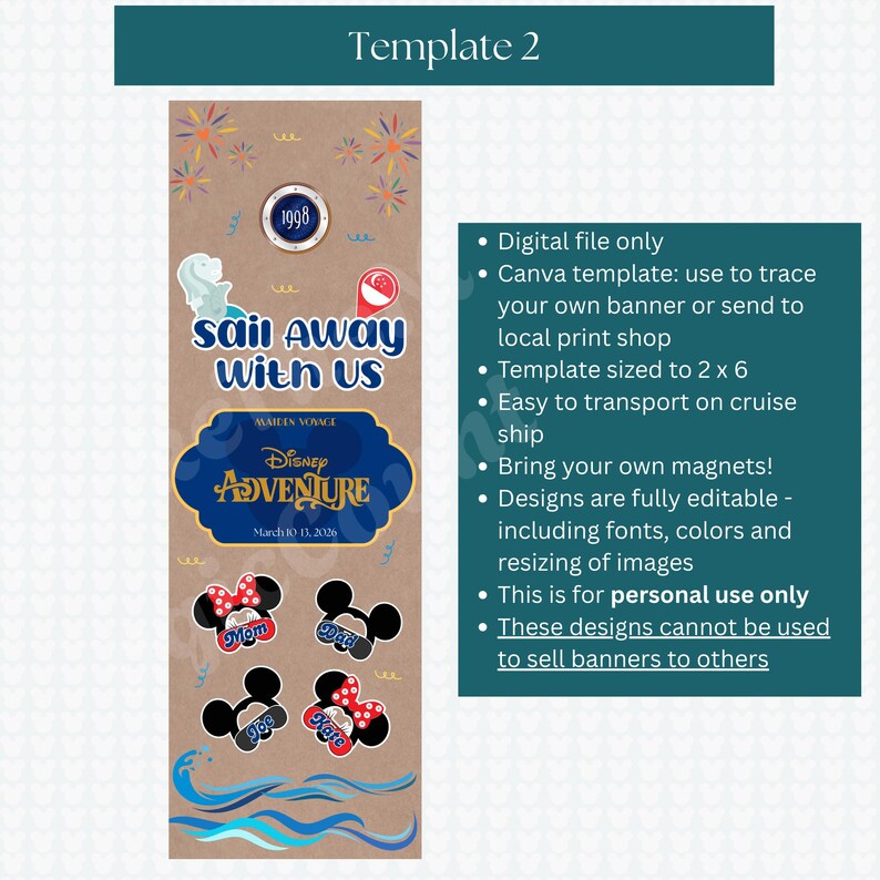 Teal header on white background with white text. Template 2 shows the picture of cartoon characters with the words Sail Away with Us celebrating an inaugural cruise season