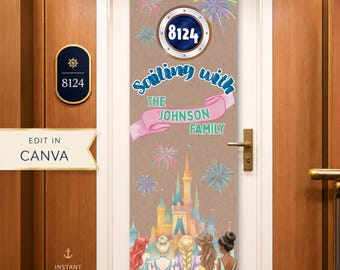 Princess Cruise Door Banner | Editable Canva Template | Disney Cruise | Castle Cabin Door Decor | Family Name | Instant Download