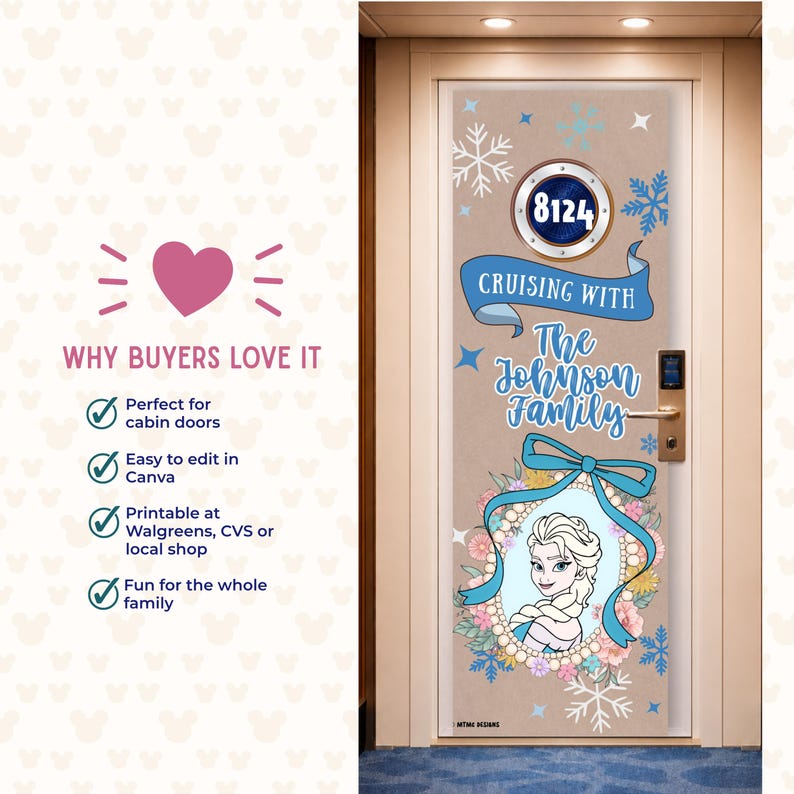 May include: A door decoration featuring the text "Cruising With The Johnson Family" and the number "8124". The design includes a portrait of a cartoon character, snowflakes, and a blue ribbon. The door is brown.