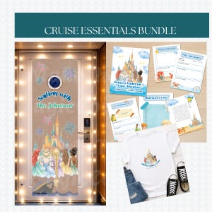 Puede incluir: Un paquete de elementos esenciales para cruceros con una cubierta de puerta con un diseño de castillo y el texto "Sailing with The Johnsons". Incluye una camiseta blanca, hojas de actividades y un libro para colorear. La camiseta tiene un gráfico de castillo y el texto "Johnson Family Cruise."