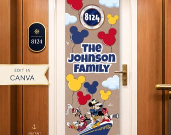 Banner para puerta de crucero Disney / Decoración para camarote de crucero familiar / Plantilla editable de Canva / Personalizado