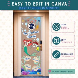 May include: A vertical door cover featuring a nautical theme with a mermaid, a crab, and a yellow fish. The design includes a porthole with the number 8124, the text The Jackson Family, and four seashell graphics labelled Mom, Dad, Christopher, and Samantha.