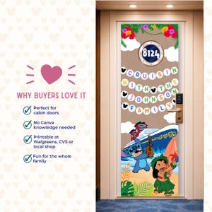 Puede incluir: Una decoraci&oacute;n de puerta con tem&aacute;tica de crucero con el texto "Cruisin' with the Johnson Family". El dise&ntilde;o incluye un barco, Stitch, Lilo y flores tropicales. El n&uacute;mero de cabina "8124" se muestra en la parte superior.