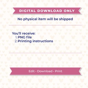 Puede incluir: Anuncio de descarga digital con una pancarta rosa que dice "SOLO DESCARGA DIGITAL". El texto indica que no se enviar&aacute; ning&uacute;n art&iacute;culo f&iacute;sico y enumera un archivo PNG e instrucciones de impresi&oacute;n. La pancarta inferior dice "Editar &bull; Descargar &bull; Imprimir".