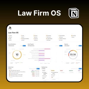 May include: A digital interface for "Law Firm OS" with a white background, displaying data visualizations and text. The interface includes charts, case progress bars, and expense summaries. The text "Law Firm OS" is displayed at the top.