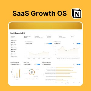 May include: A digital interface with the text "SaaS Growth OS" and a white "N" logo. The interface displays data visualizations, including charts and graphs, with labels such as "Churn by Month" and "MRR Over Time". The background is yellow.