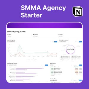 Op de afbeelding: Een digitale interface met de tekst "SMMA Agency Starter". Het scherm toont datavisualisaties, waaronder lijngrafieken en tabellen, met labels zoals "Inkomsten vs. Uitgaven" en "Return On Investment". De interface staat tegen een paarse achtergrond.