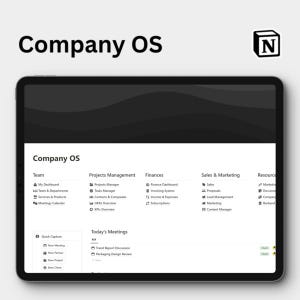 May include: A digital tablet displays the "Company OS" interface, featuring sections for Team, Projects Management, Finances, Sales & Marketing, and Resources. The screen shows a clean, organized layout with white text on a dark background.