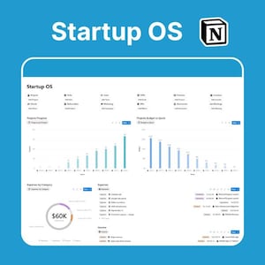May include: A digital interface labelled "Startup OS" with an "N" logo. The interface presents data visualisations, including bar charts and a pie chart showing expenses. The interface is set against a blue background.