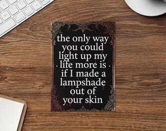 Tarjeta de felicitación de humor negro: Pantalla de lámpara, San Valentín espeluznante, Aniversario de terror, Cumpleaños gótico