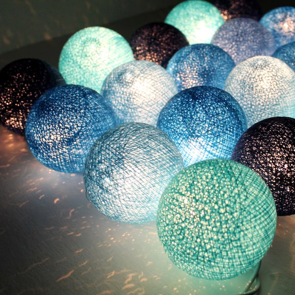 Four Blue Tone Mix Cotton Ball Wedding Holiday/Party String Lights 20 Lanterns