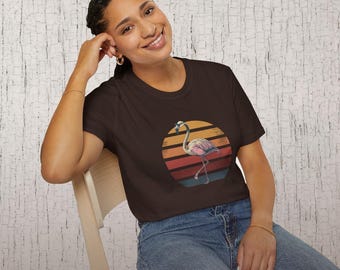Retro Flamingo, Vintage Sunset Stripes | T-Shirt