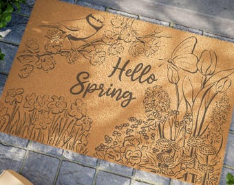 Hello Spring floral coir Doormat | tulips, daffodils, cherry blossom, seasonal welcome