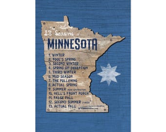 Minnesota 13 Seasons Map Art | Rustic Blue Vintage Sign (Rolled Poster)