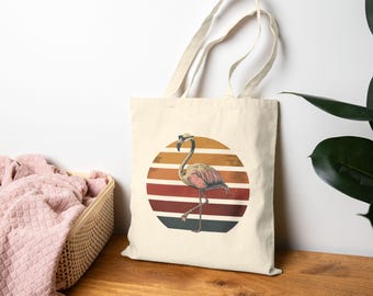 Retro Flamingo Cotton Canvas Tote Bag | Vintage Sunset Stripes