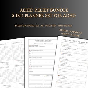 Op de afbeelding: ADHD-reliefbundel met een 3-in-1 plannerset voor ADHD. Inclusief boodschappenlijsten, dagplanners en een 'Feel Better Tomorrow'-checklist. Verkrijgbaar in A4, A5, US Letter en Half Letter. Digitale download, print thuis.
