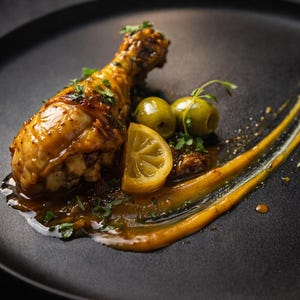 Peut inclure: Un plat pr&eacute;sent&eacute; avec une cuisse de poulet r&ocirc;tie &agrave; la peau dor&eacute;e et brillante. Garniture d'olives vertes, d'une tranche de citron et d'herbes fra&icirc;ches. Une sauce orange vibrante est joliment dispos&eacute;e sur l'assiette noire.