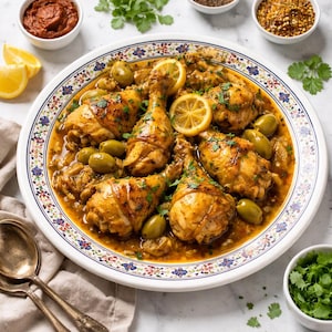 Peut inclure: Vue a&eacute;rienne d'un plat de poulet aux olives et tranches de citron sur une assiette blanche &agrave; bordure florale. Le plat est entour&eacute; de petits bols d'&eacute;pices, d'herbes et d'une sauce rouge. Deux cuill&egrave;res sont &agrave; gauche.