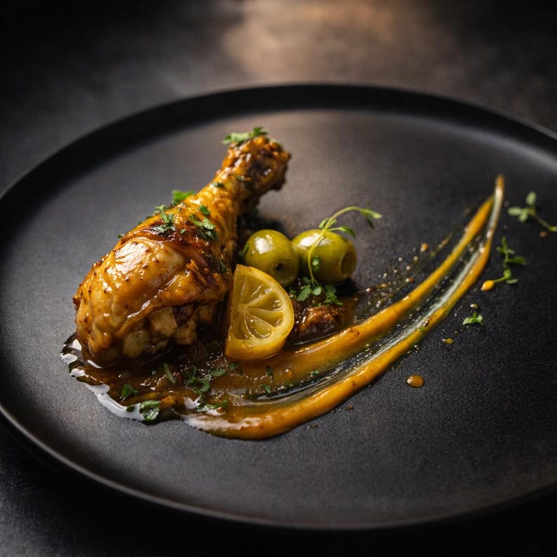 Peut inclure: Un plat pr&eacute;sent&eacute; avec une cuisse de poulet r&ocirc;tie &agrave; la peau dor&eacute;e et brillante. Garniture d'olives vertes, d'une tranche de citron et d'herbes fra&icirc;ches. Une sauce orange vibrante est joliment dispos&eacute;e sur l'assiette noire.