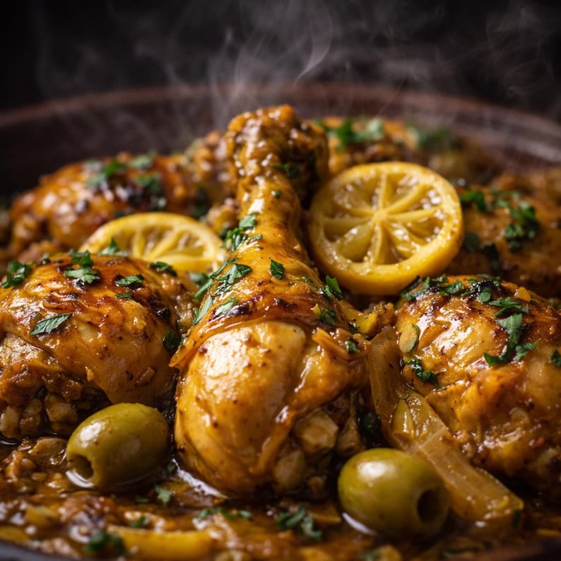 Peut inclure: Gros plan sur un plat de poulet cuit avec des tranches de citron et des olives vertes. Les pilons de poulet sont dor&eacute;s et garnis d'herbes fra&icirc;ches. De la vapeur s'&eacute;l&egrave;ve du plat, sugg&eacute;rant qu'il est fra&icirc;chement pr&eacute;par&eacute;.