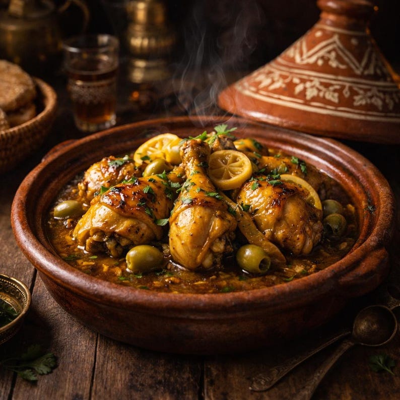 Peut inclure: Gros plan sur un plat de tajine marocain avec du poulet, des olives et des tranches de citron. Le plat est servi dans un pot en terre cuite marron. De la vapeur s'&eacute;l&egrave;ve de la nourriture, sugg&eacute;rant qu'elle est fra&icirc;chement cuite.