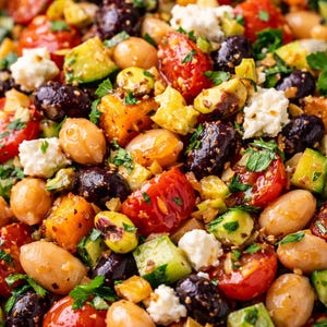 May include: A colorful close-up of a fresh salad with various ingredients. The salad includes chickpeas, tomatoes, olives, avocado, and feta cheese. The ingredients are mixed with herbs and a light dressing, creating a vibrant and appetizing dish.