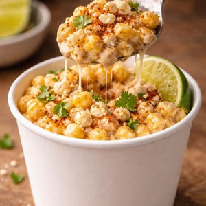 Op de afbeelding: Een close-up van een witte papieren kom gevuld met romige maïs, gegarneerd met koriander en paprika. Een lepel maïs wordt boven de kom opgetild, met gesmolten kaas die naar beneden druipt. Een limoenpartje ligt aan de zijkant.
