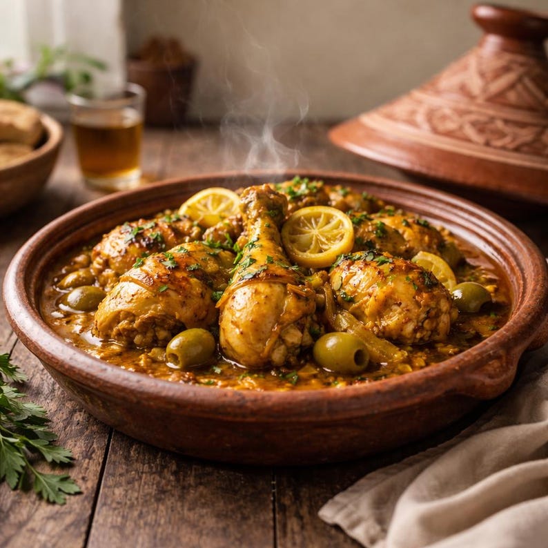 Peut inclure: Gros plan sur un tajine de poulet marocain traditionnel, servi dans un plat en terre cuite. Le plat est garni de tranches de citron et d'olives vertes. De la vapeur s'&eacute;l&egrave;ve de la nourriture, indiquant qu'elle est fra&icirc;chement pr&eacute;par&eacute;e.