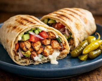 Fiches de recettes gastronomiques pour le poulet shawarma, style rue du Moyen-Orient.