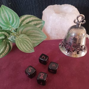 May include: A silver bell with snowflake cutouts and a loop handle sits next to four black dice with red symbols. A green plant with patterned leaves and a pink, textured object are also in the image. The items are on a dark red surface.