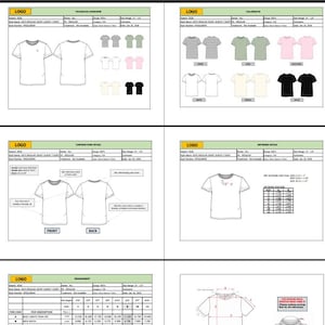 May include: Technical drawings of t-shirts, showcasing design elements, colour options, construction specifics, artwork, and measurements. The image presents short-sleeved t-shirt designs in diverse colours, with diagrams and size charts.