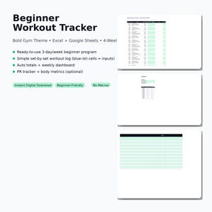 May include: A digital workout tracker with a bold gym theme. The tracker includes a 3-day/week beginner program, set-by-set workout log, auto totals, weekly dashboard, and PR tracker. The text on the image says "Beginner Workout Tracker".