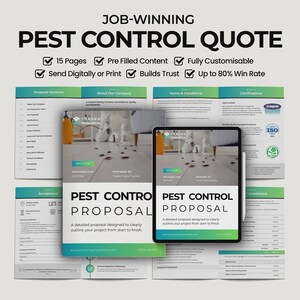 Könnte beinhalten: Eine Schädlingsbekämpfungs-Angebotsvorlage mit dem Text "JOB-WINNING PEST CONTROL QUOTE". Das Design umfasst ein Tablet und gedruckte Seiten mit Angebotsabschnitten, Unternehmensinformationen und Bedingungen. Merkmale sind 15 Seiten.