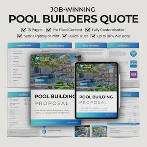 May include: A promotional image for a pool builder's quote, featuring a tablet and printed documents. The text includes "Job-Winning Pool Builders Quote," "15 Pages," and "Up to 80% Win Rate." The documents showcase pool designs and proposal details.