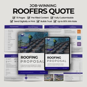 Könnte beinhalten: Ein digitales Angebot für Dachdecker mit dem Text "Job-Winning Roofers Quote". Das Design umfasst ein Tablet und gedruckte Seiten mit Angebotsabschnitten, Unternehmensinformationen und Bedingungen. Die Vorlage ist vollständig anpassbar.