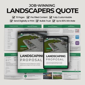 Op de afbeelding: Een landschapsarchitectuurvoorstel sjabloon met de tekst "JOB-WINNING LANDSCAPERS QUOTE". De sjabloon bevat secties voor voorstellen, bedrijfsinformatie, voorwaarden en certificeringen. Het sjabloon is ontworpen om een project van begin tot eind duidelijk te schetsen.