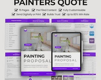Puede incluir: Imagen promocional para una plantilla de propuesta de pintura. El diseño presenta una tableta y páginas impresas con el texto "PAINTING PROPOSAL" y "JOB-WINNING PAINTERS QUOTE". El esquema de color incluye morado y blanco, con un pintor con traje de protección.