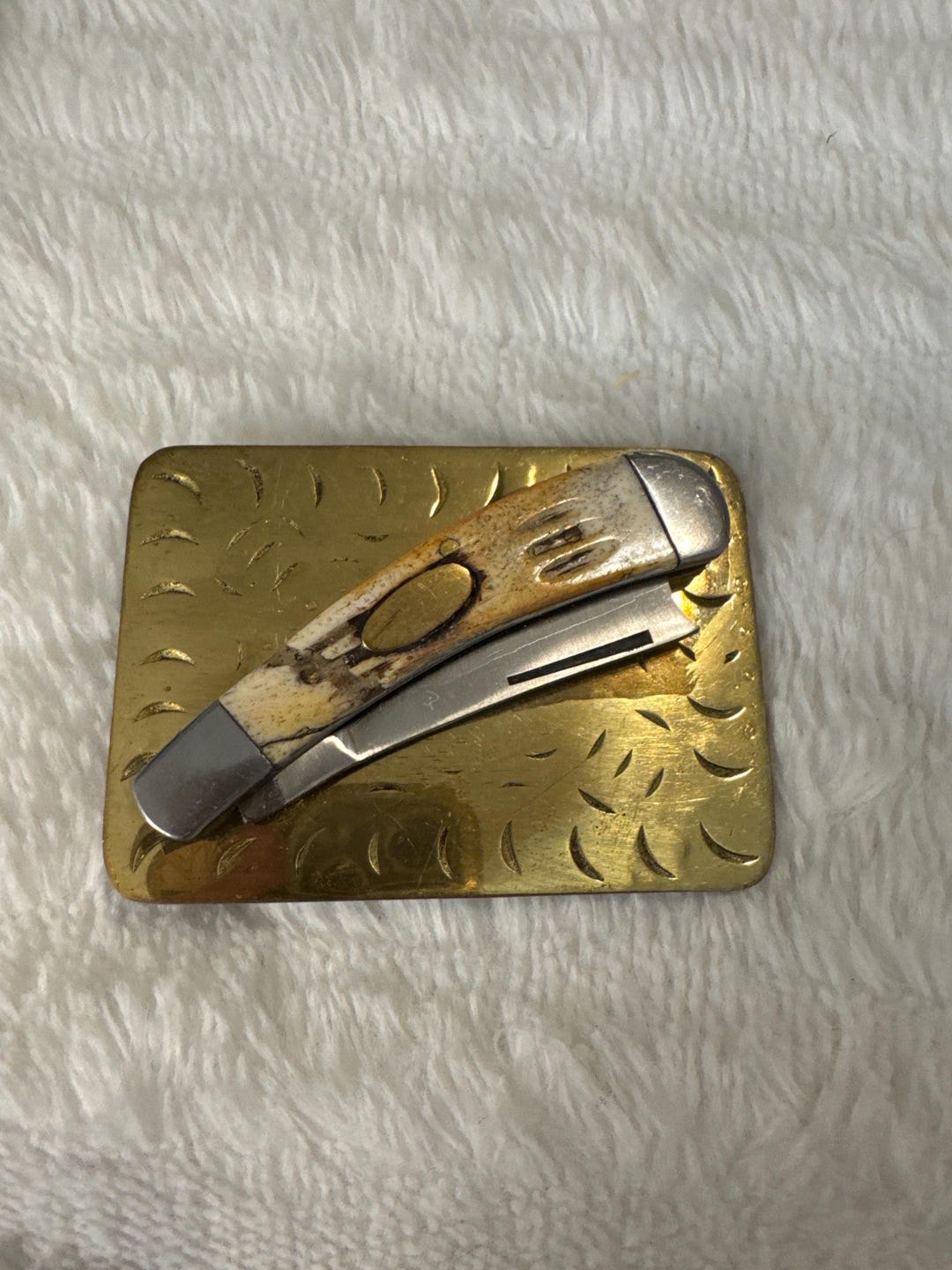 Vintage Brass Buckle With Folding Pocket Knife Stag/bone Handle ...