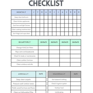 May include: A home maintenance checklist with sections for monthly, quarterly, annually, and seasonal tasks. The checklist includes tasks like cleaning appliances, changing filters, and seasonal yard work. The title "HOME MAINTENANCE CHECKLIST" is at the top.