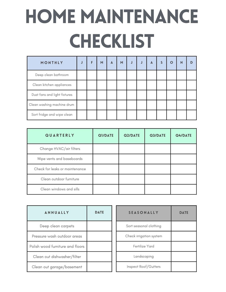 Home Maintenance Checklist Printable – Monthly, Quarterly, Seasonal ...