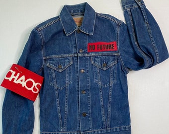 PuNk Levi's Denim Jacket -Jean Jacket-No Future Patch-Red CHAOS Armband-Reworked -Alternative Teen-Mens Size SMALL-Chest 34 inch Col 15.5"