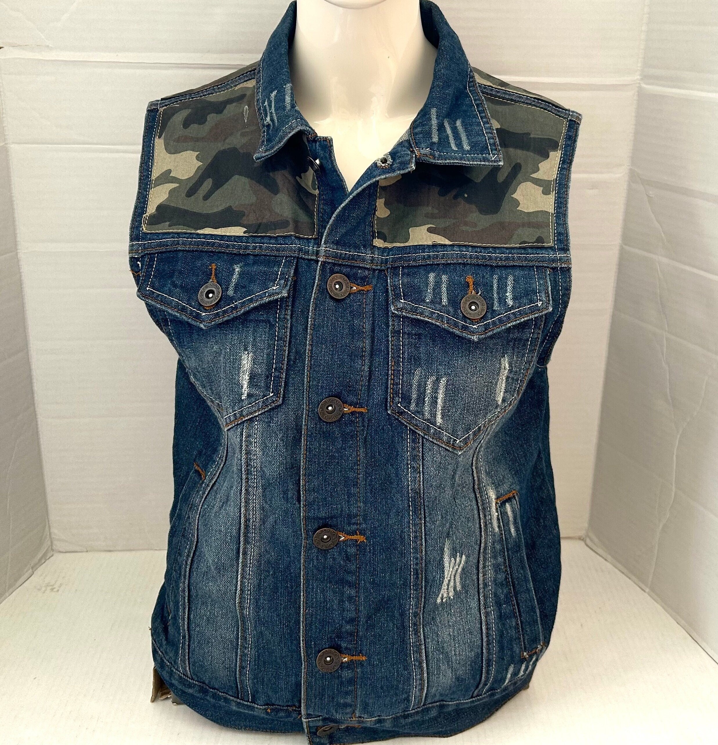 Mens Denim Military Tank Vest Sleeveless Jacket blue With Camouflage Patches army Punk Denim Camo Waistcoat size SMALL Etsy