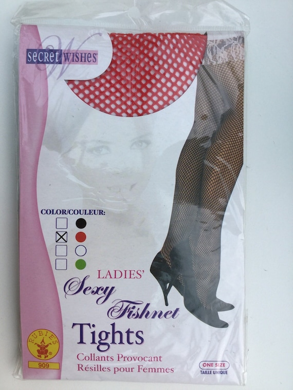 Fishnet Pantyhose Tights RED GREEN WHITE Vintage Dead Stock