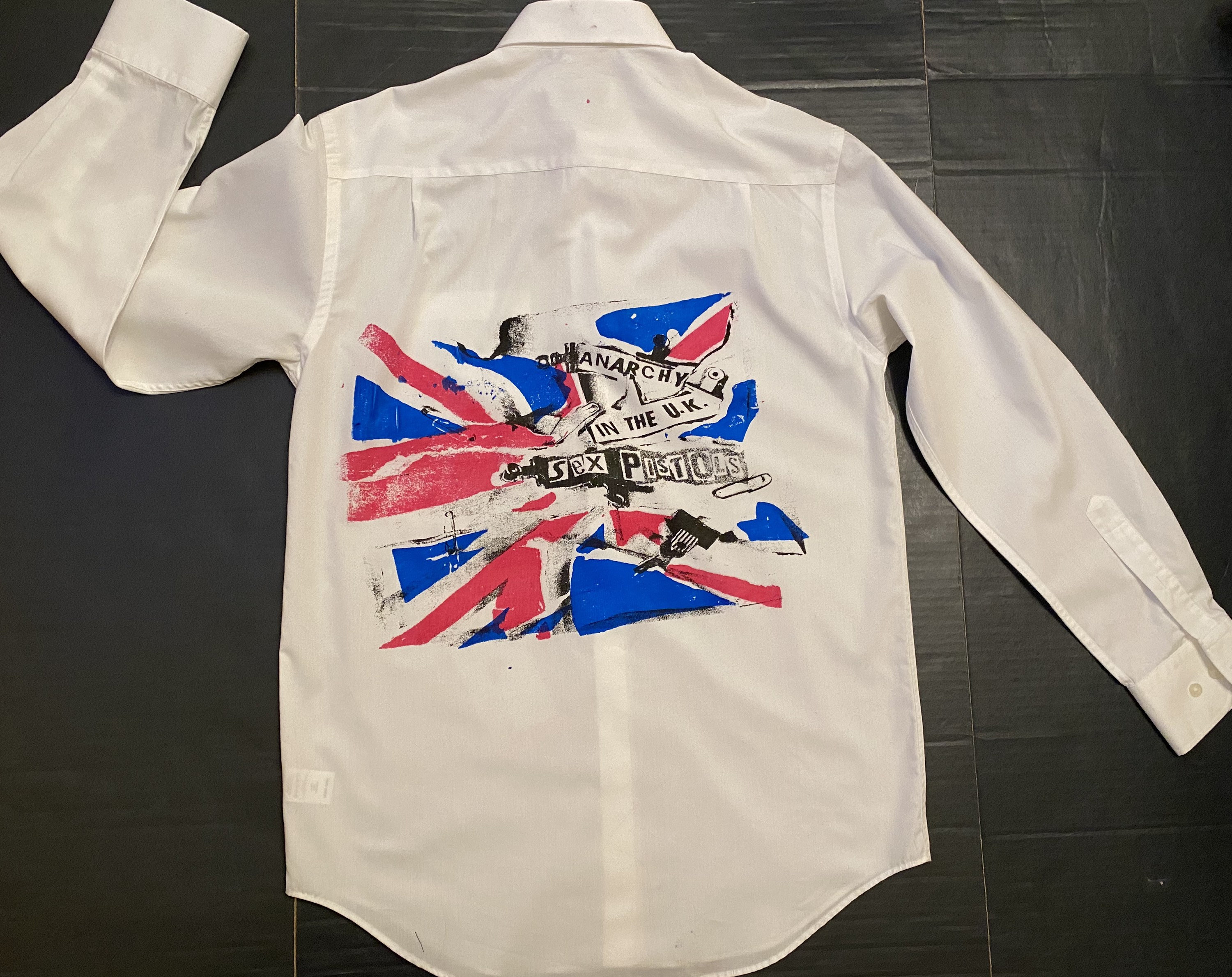 Image of Punk Shirt - Anarchy in The Uk Flag No Future Pistols Vintage Button Up Casual -Punk Patch Medium Collar 15"